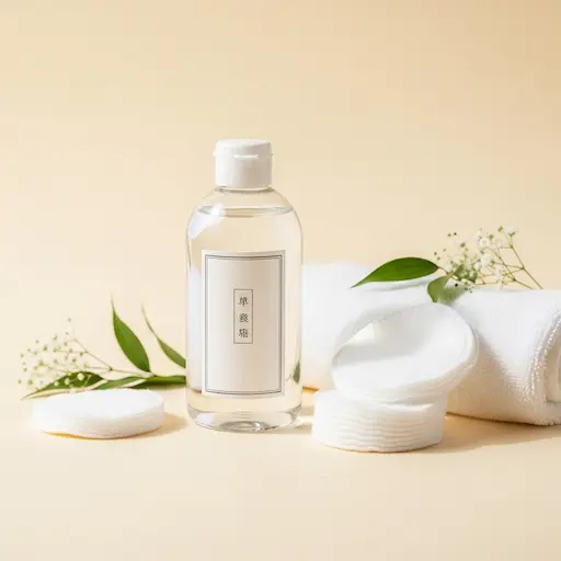 Minimalistyczna butelka toniku i płatki kosmetyczne – przygotowanie skóry przed masażem Kobido