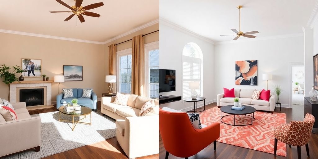 Split image of traditional and virtual home staging.