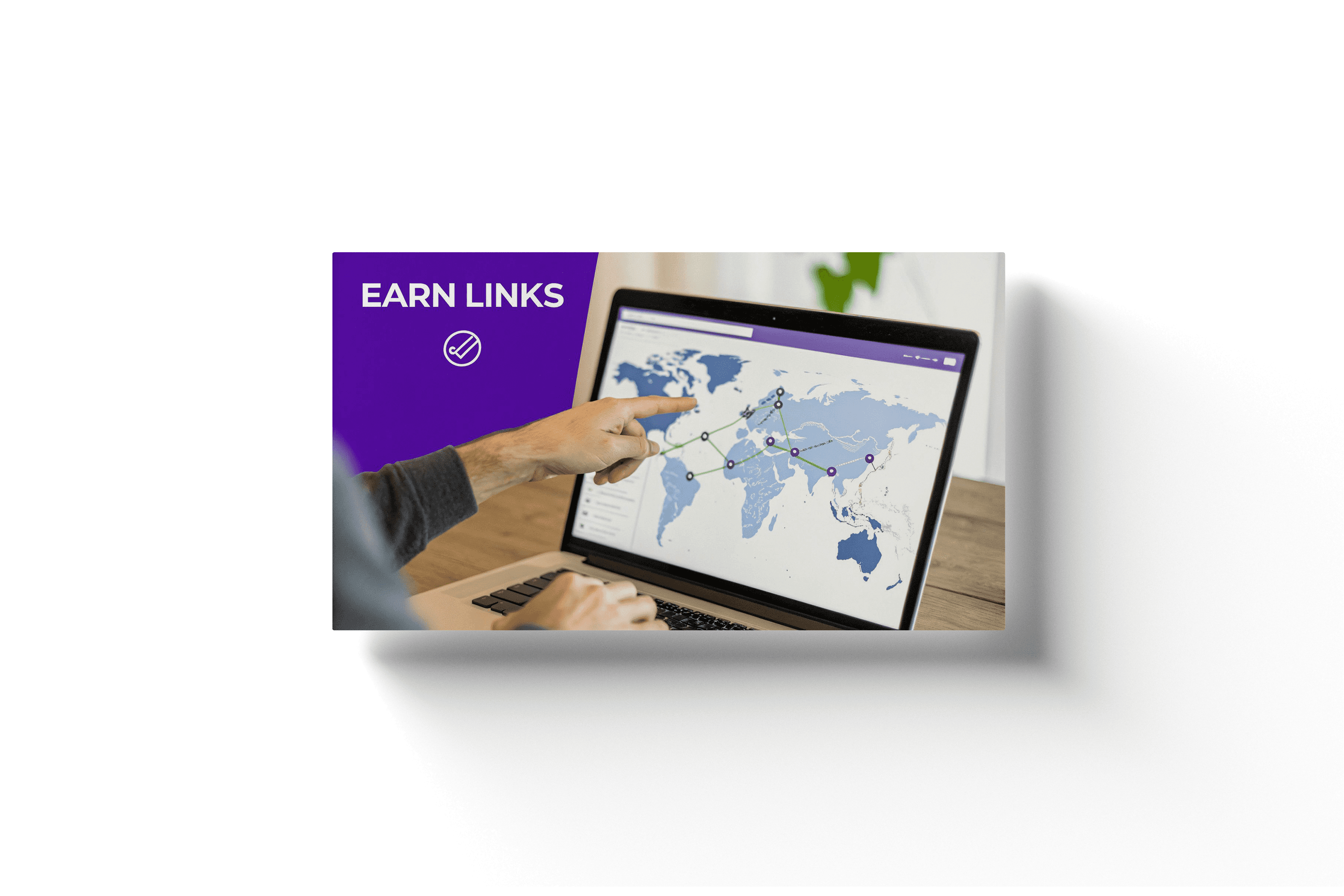a person pointing to a map on a laptop with connected points displayed and the text 'earn links' in the background