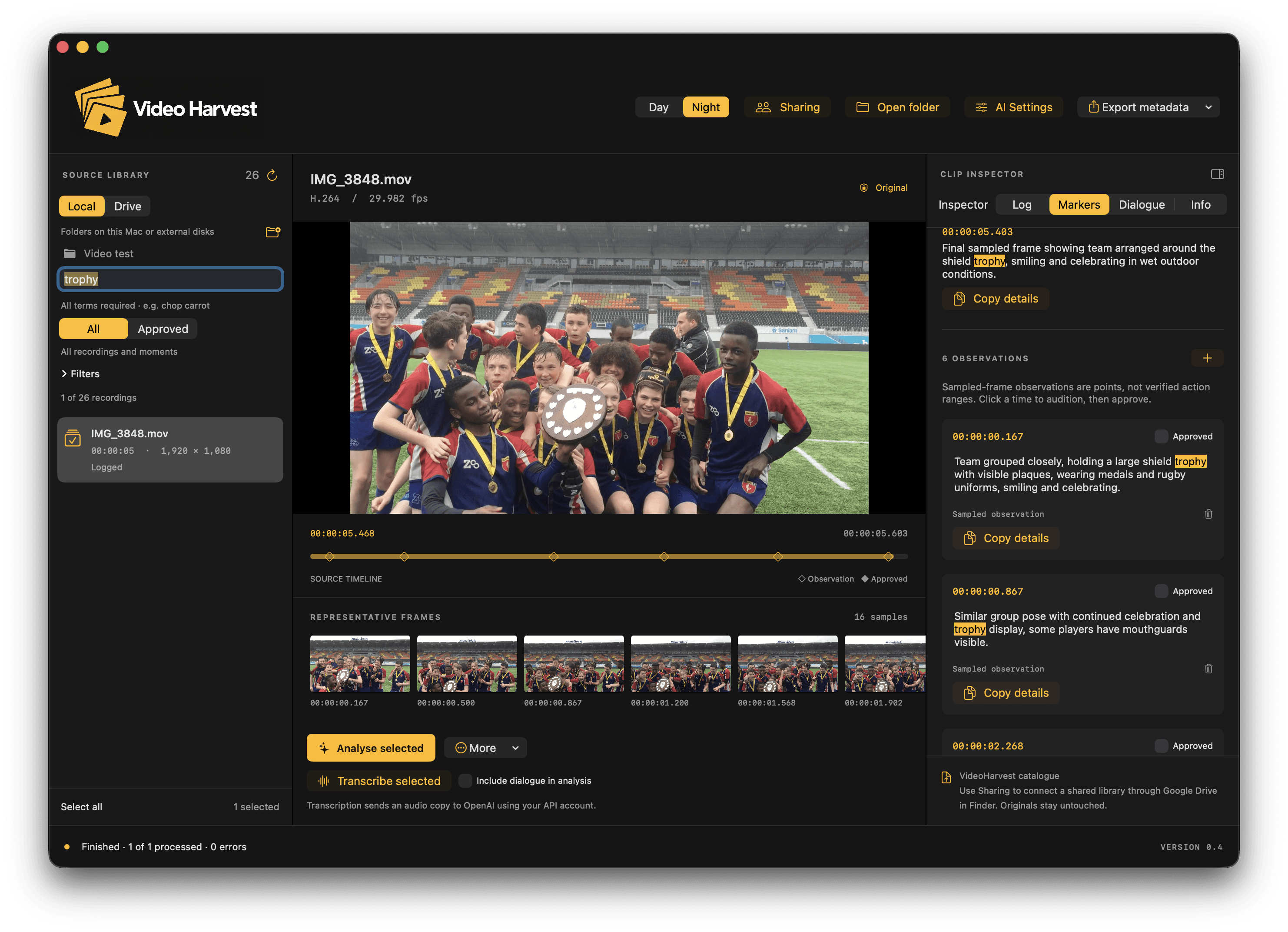 Video Harvest trophy search with timestamped Markers inspector