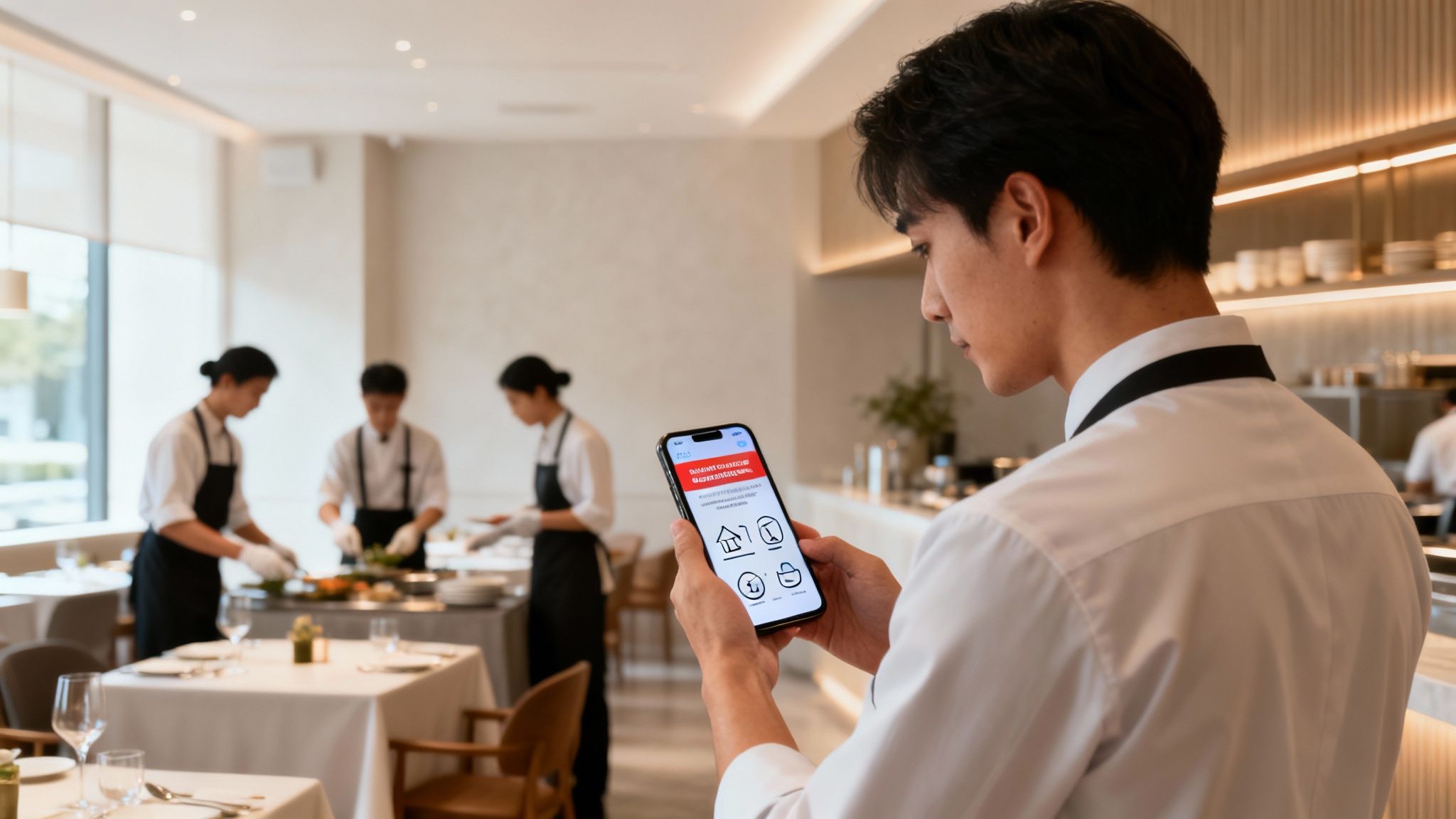 A restaurant employee holds a smartphone, with blurred staff preparing food in the background.
