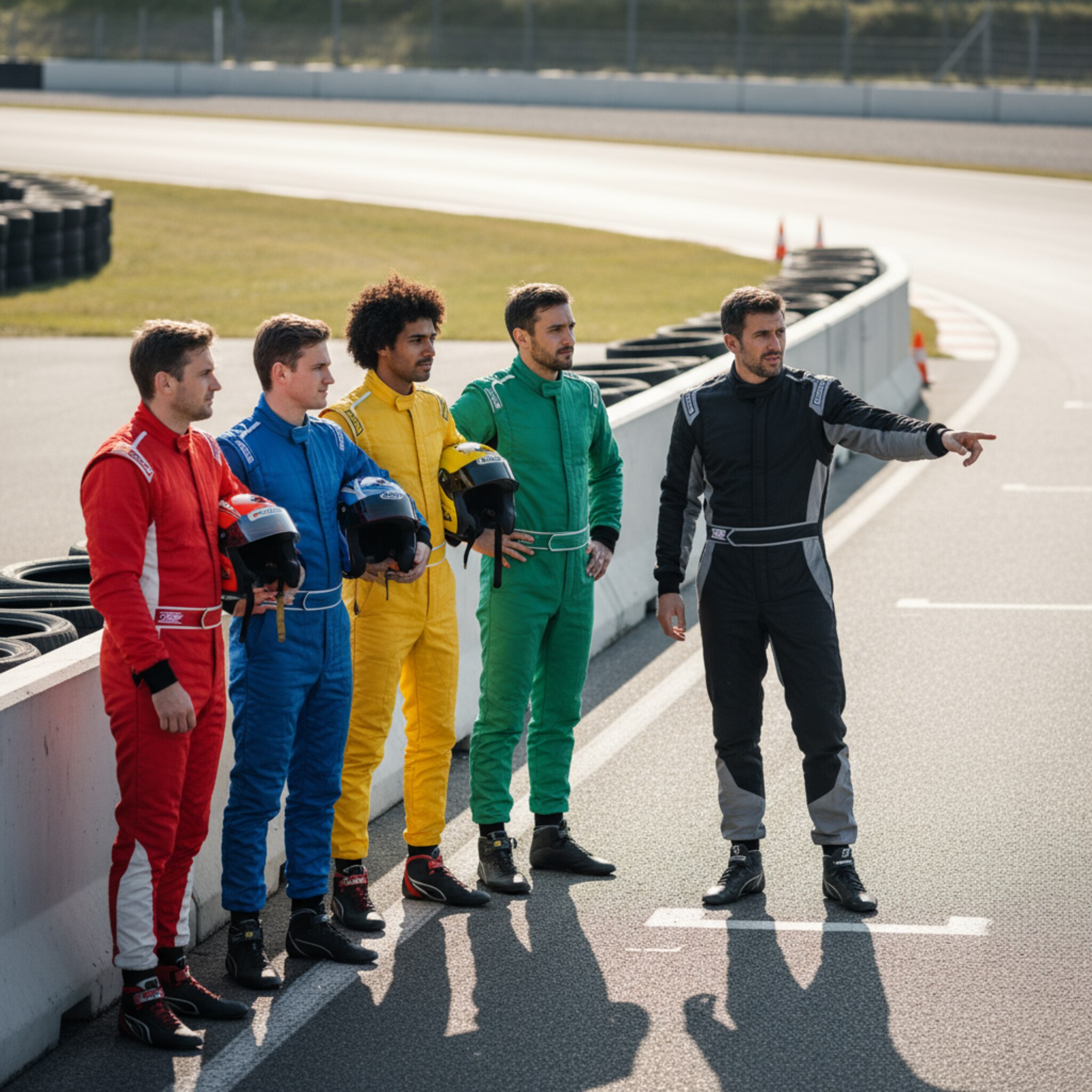 Eine Gruppe Fahrer steht mit Helmen in der Hand an der Streckenbegrenzung, während ein Instruktor die Linienwahl an einer markanten Kurve erklärt. Reifenstapel werfen weiche Schatten, hinter ihnen glitzert der Asphalt. Die Atmosphäre ist konzentriert, respektvoll und auf Sicherheit ausgerichtet.