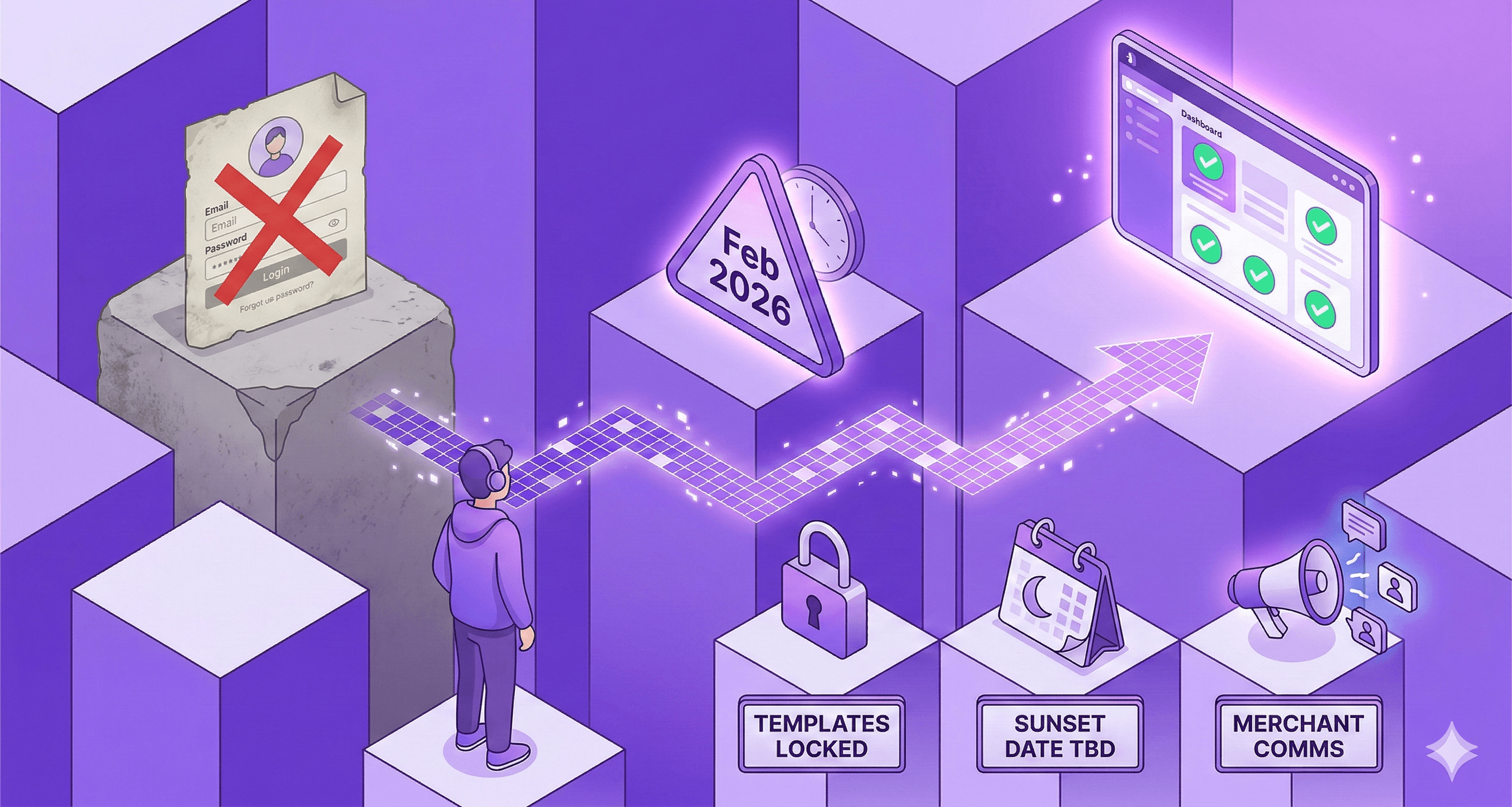 A detailed isometric 3D purple illustration depicting a path through floating platforms. A character observes a timeline featuring a canceled legacy login form, a "Feb 2026" warning, and a successful modern dashboard, with detailed labels for locked templates and merchant communications.