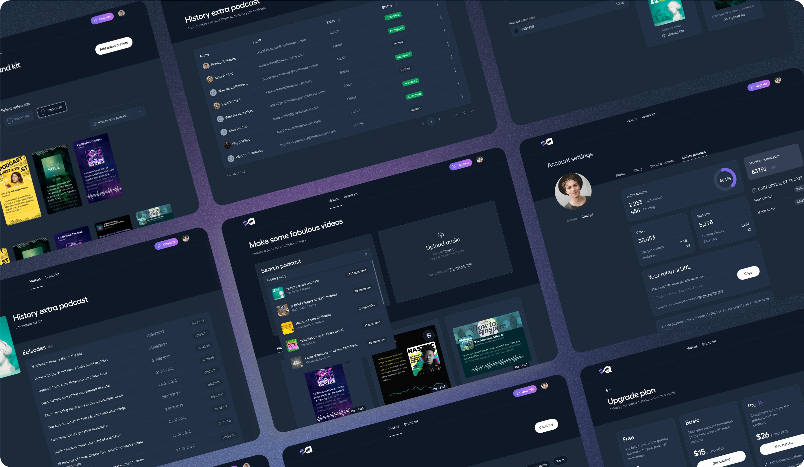 A collage of user interface screens from the Audiotease app showcasing various features and functionalities. The screens include sections for managing podcast episodes, searching for podcasts, uploading audio, creating teaser videos, managing account settings, viewing subscription statistics, and upgrading plans. The design uses a dark theme with shades of blue and purple, featuring cards with information on episodes, user details, and podcast statistics.