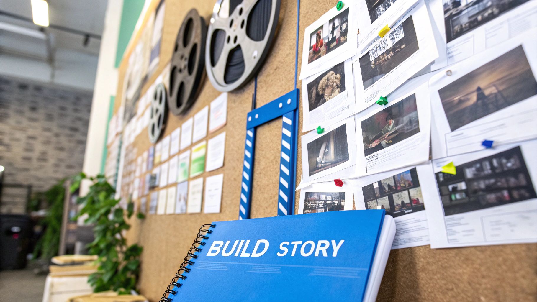 A person mapping out a story on a board with sticky notes, representing the three-act structure of a documentary.
