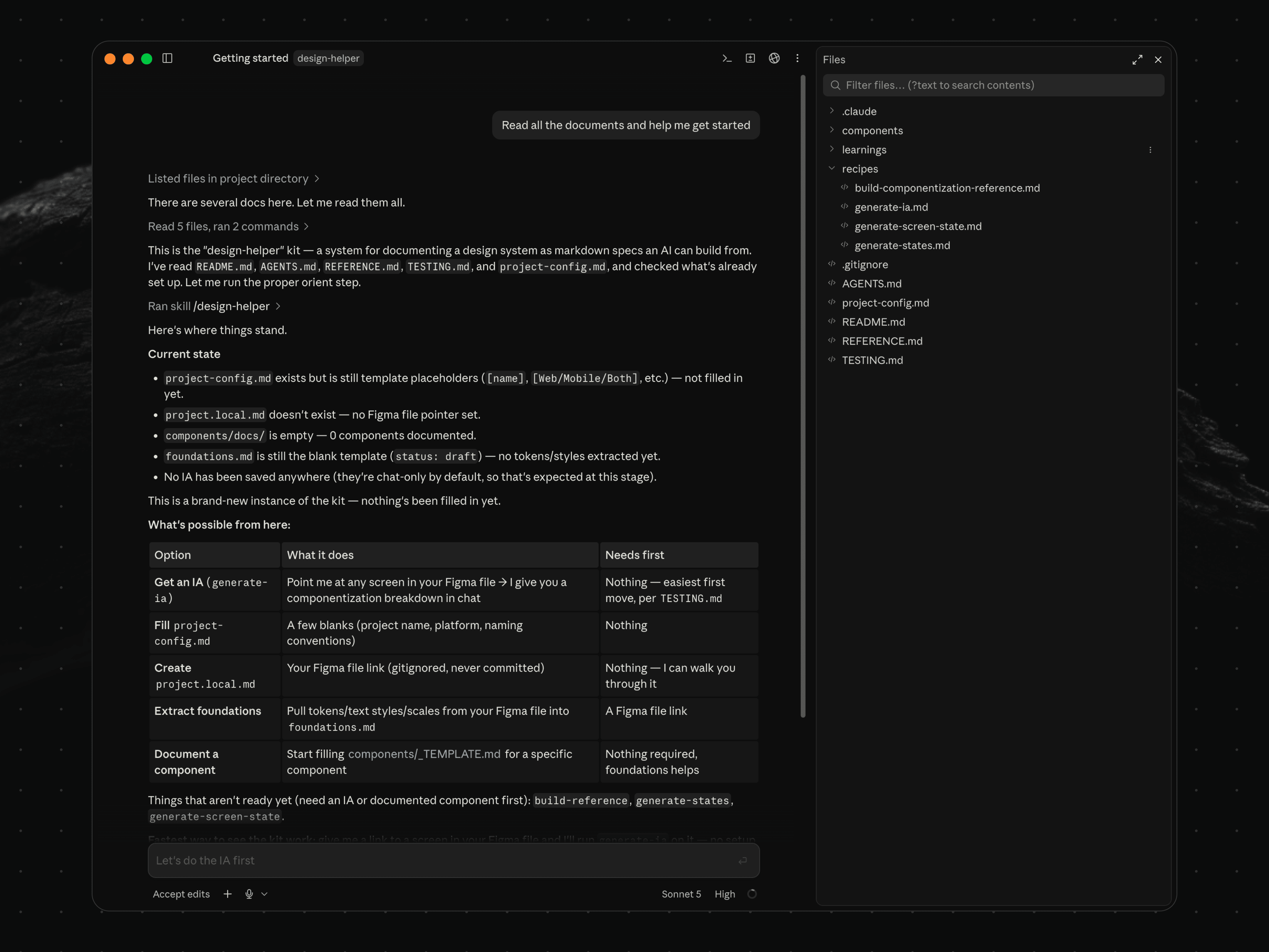 The Design Helper reads a project’s files and reports where things stand, then lays out what it can build next and what each step needs first.