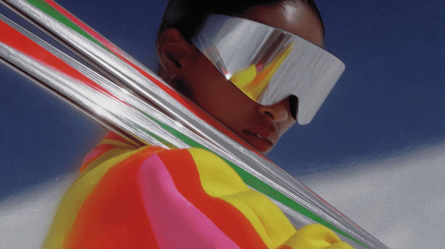 High-velocity skier in motion blur, 24mm wide-angle distortion, 1/1000s shutter speed, Kinetic Fashion Campaign, Engineered by Aventi