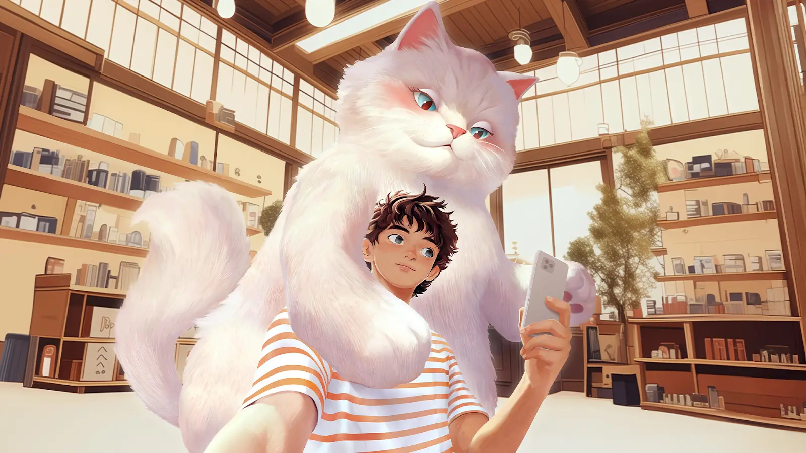 Selfie Boy with a giant white cat at a Japanese cafe