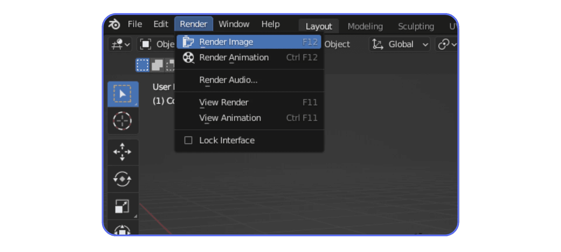 Blender render menu open with Render Image and Render Animation options highlighted