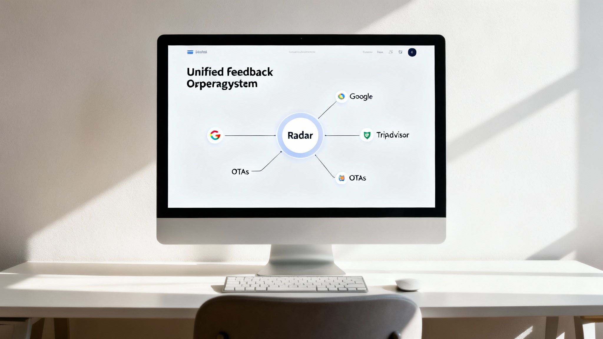 A computer screen displaying a unified feedback system diagram with Google, Tripadvisor, and OTAs connected to 'Radar' on a desk.