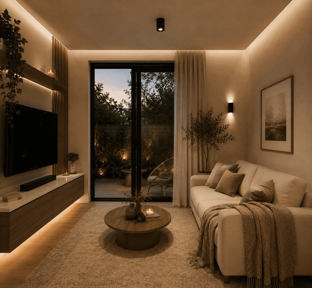 Modern living room inside a luxury backyard suite featuring warm lighting, minimalist furniture, wood accents, and floor-to-ceiling glass by UR-SPACE in Calgary.