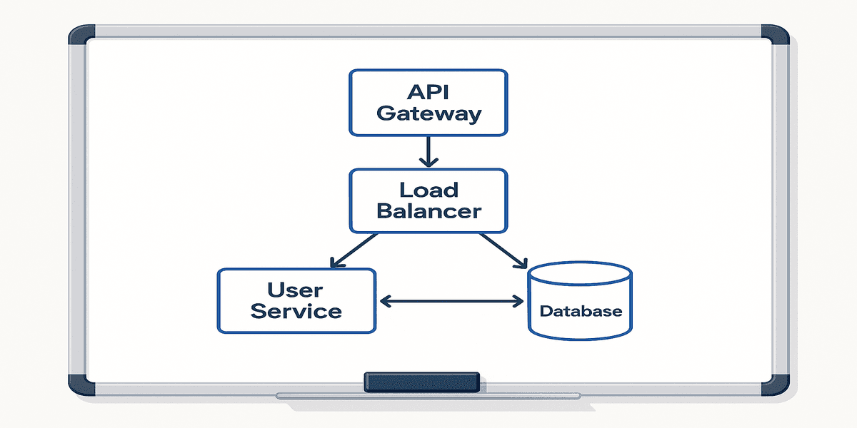A clean illustration of a whiteboard showing a high-level system design with components like API Gateway, services, and databases, representing a key step in a backend developer interview.