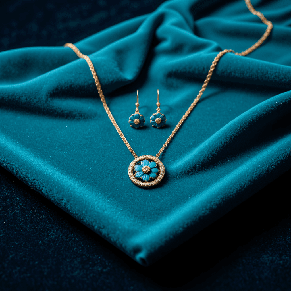 product photography of a set of jewelry including a necklace and earrings with a blue floral design