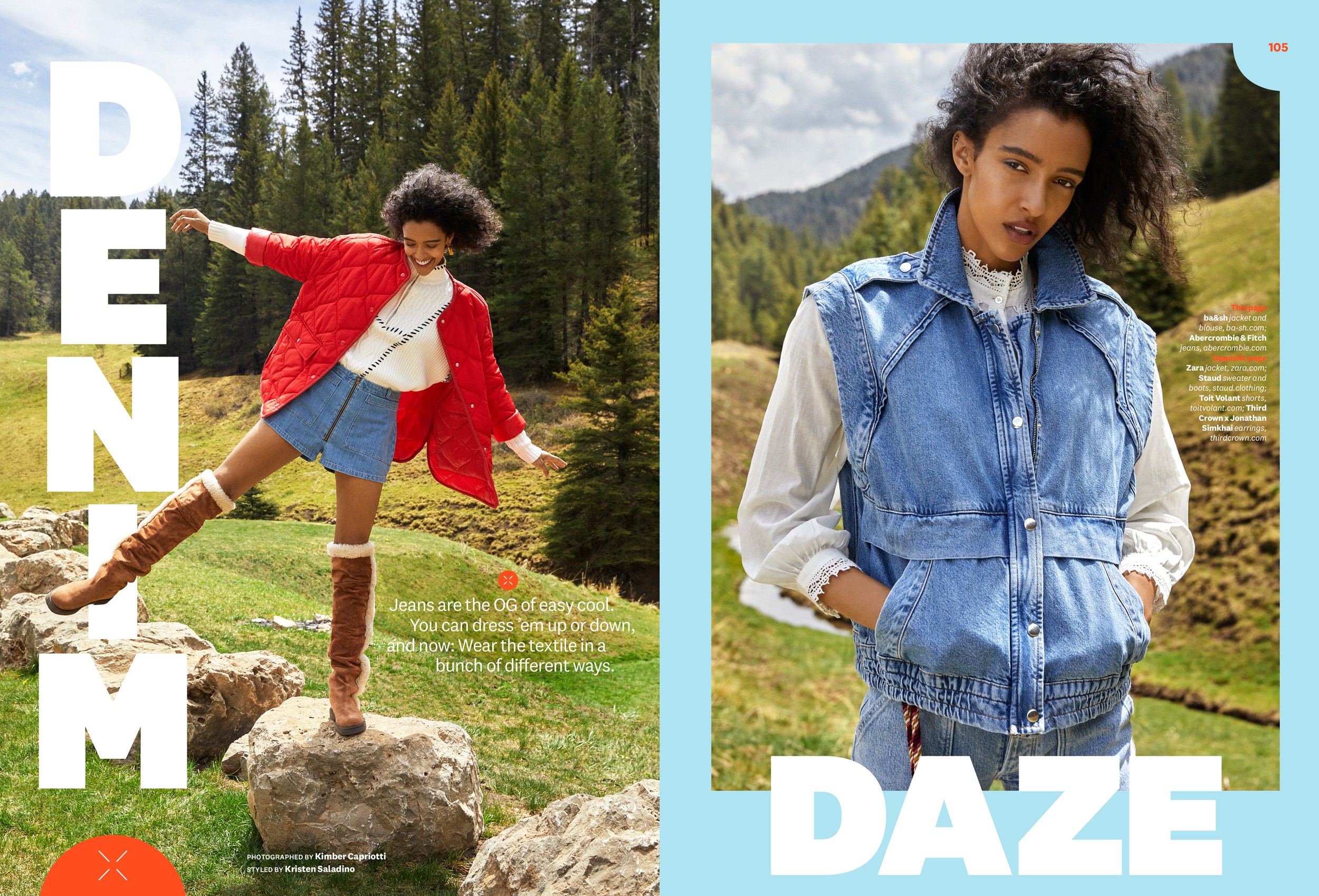 Fashion spread of a model in an outdoor National Park. She's wearing fashionable denim with an playful vibe