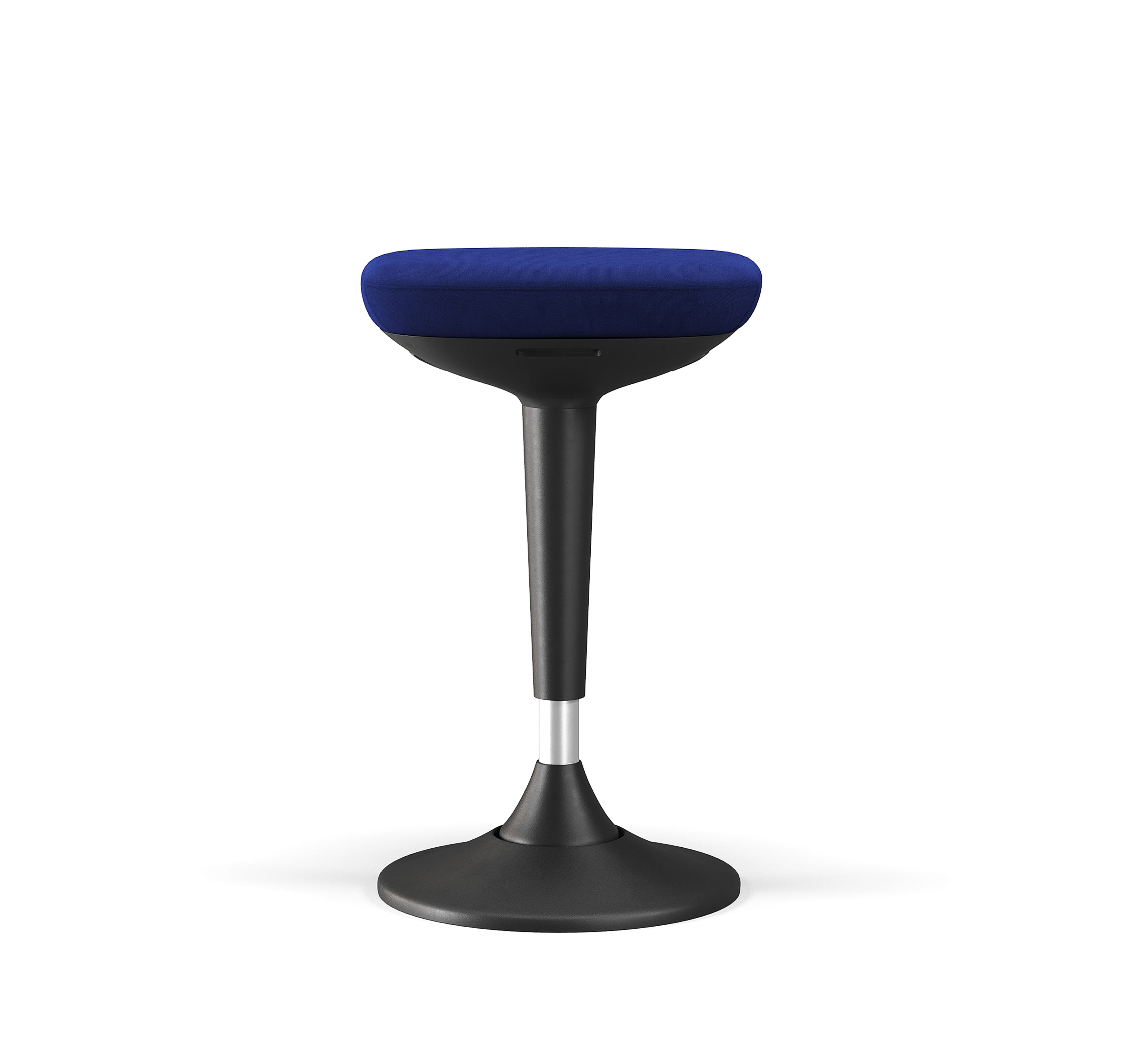 Adjustable sit-stand stool with ergonomic seat and metal base in blue upholstery