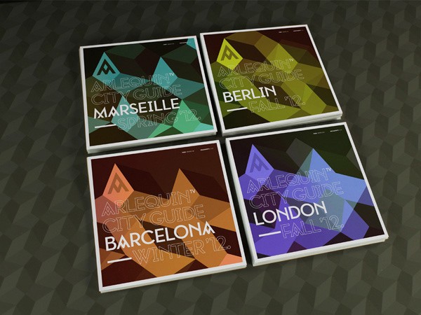Four square boxes are arranged in a 2x2 grid on a dark gray surface. Each box displays a geometric design in teal, green, orange, and purple, with the text "ARLEQUIN CITY GUIDE" above each design. Below each design, the text "MARSEILLE SPRING '12," "BERLIN FALL '12," "BARCELONA WINTER '12," and "LONDON FALL '12" are printed.