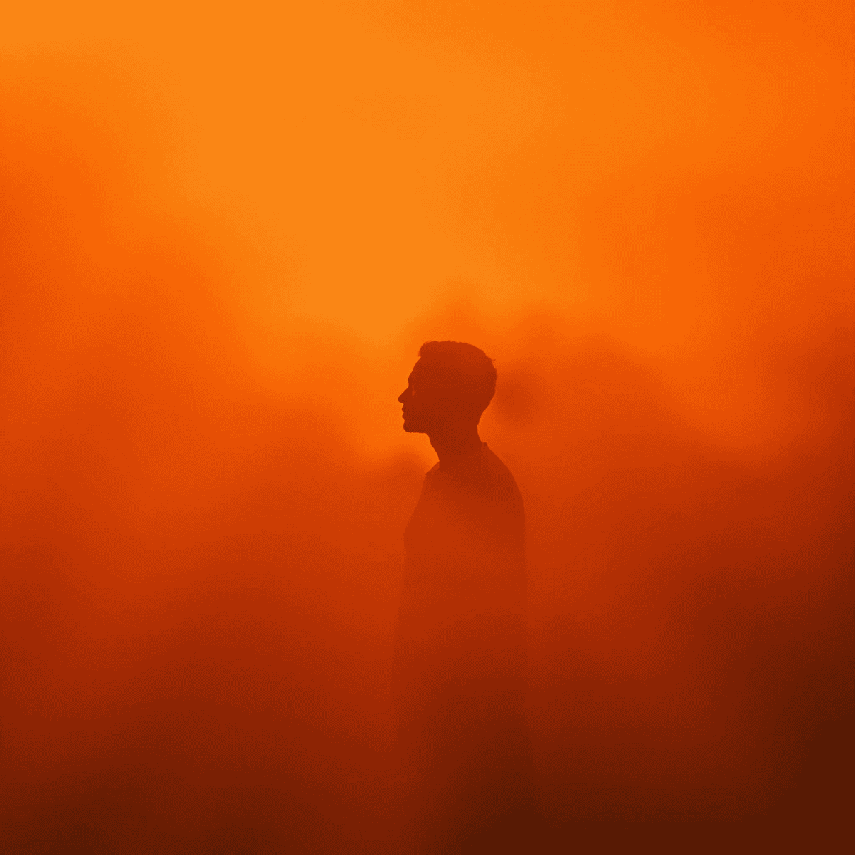 A moody, atmospheric photograph showing the silhouette of a person looking to the right, heavily shrouded in dense fog or thick smoke.