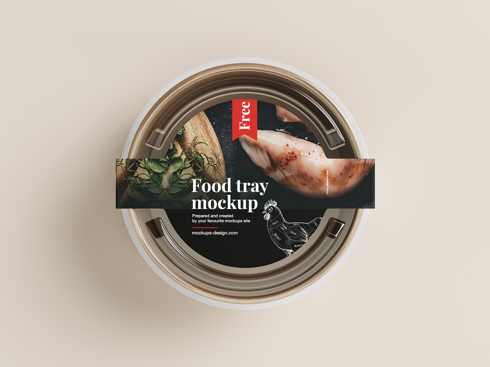 Round food tray with a clear lid, featuring a black label. The label shows herbs, raw chicken, and a chicken illustration with "Food tray mockup" text.