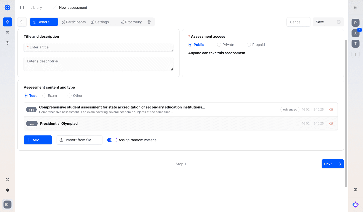 Illustrative TrustExam interface: creating an assessment