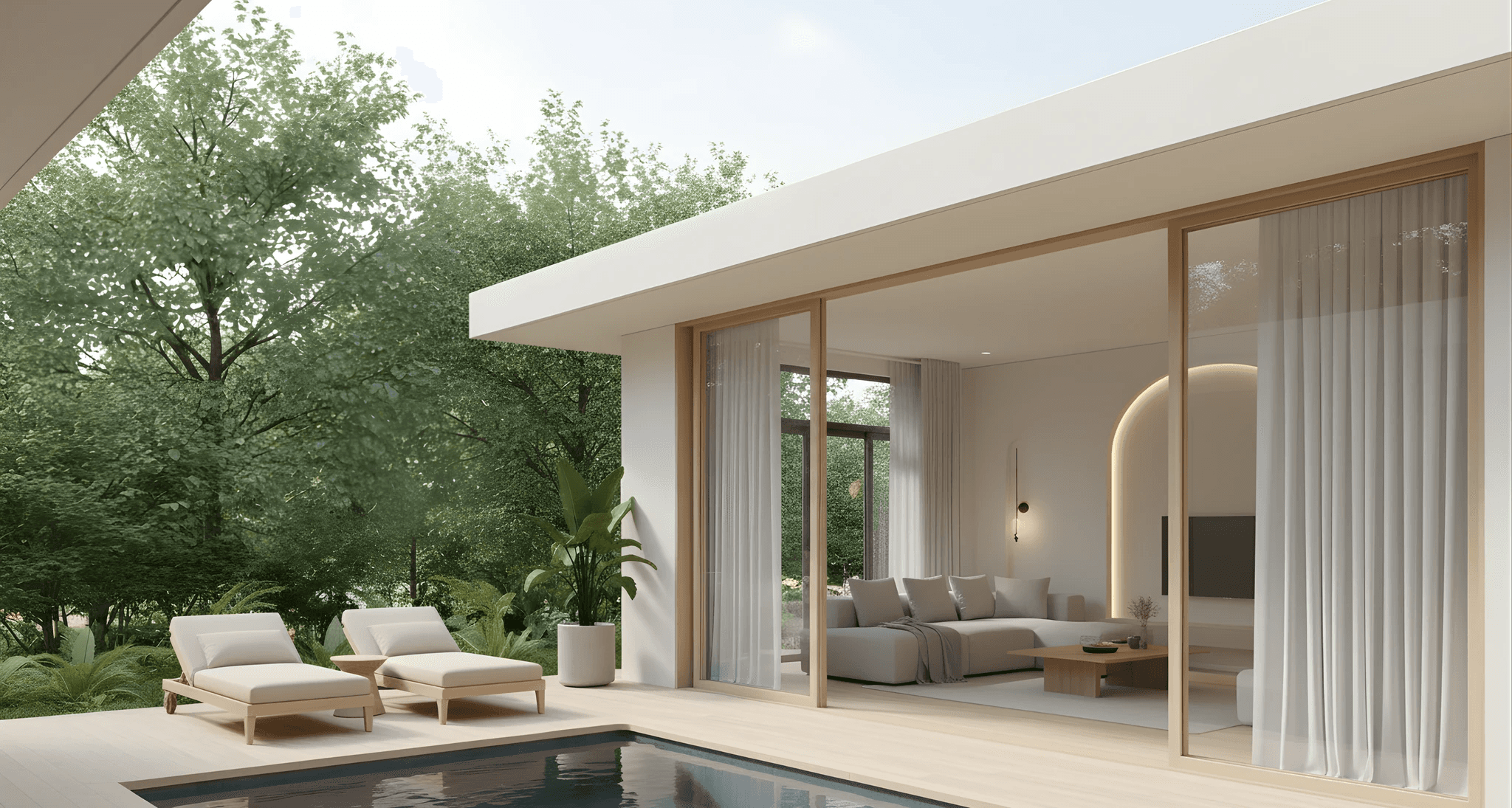 A house with a swimming pool surrounded by greenery