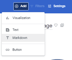 A dropdown menu on a user interface with options to add different elements: 'Visualization,' 'Text,' 'Markdown,' and 'Button.' The 'Add' button is highlighted at the top of the menu, indicating the action to include new components on the page.