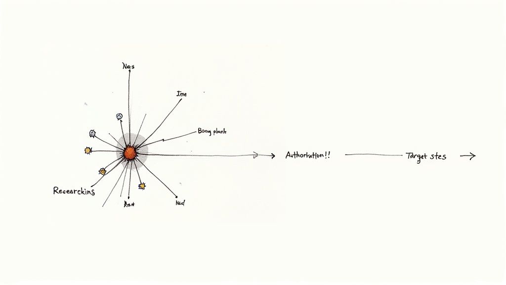 A network diagram showing interconnected nodes, representing a backlink profile.