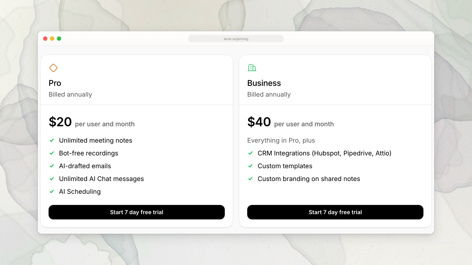 Amie annual plans: Pro US$20 and Business US$40 per user per month.