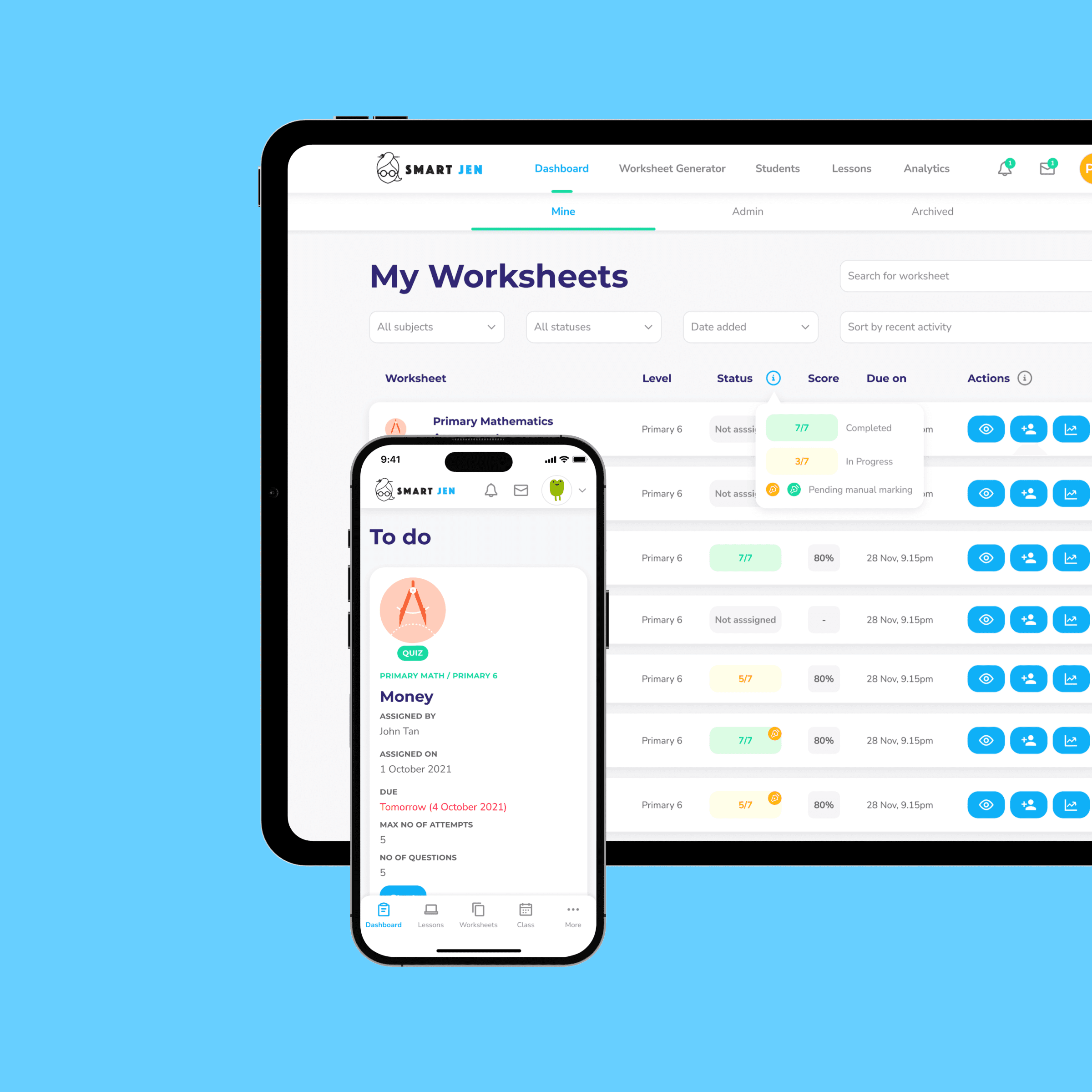 A phone screen displaying a student's To-Do list and a tablet screen showcasing the tutor's worksheet management feature