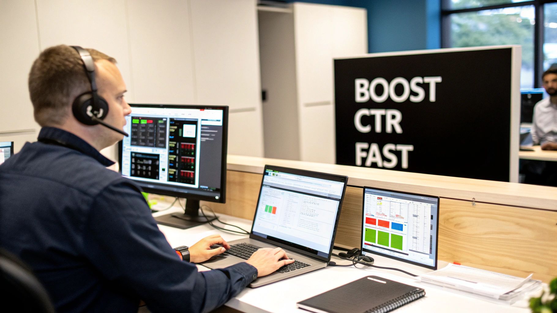 Man with headset working on multiple screens analyzing data, with a 'BOOST CTR FAST' sign in the background.