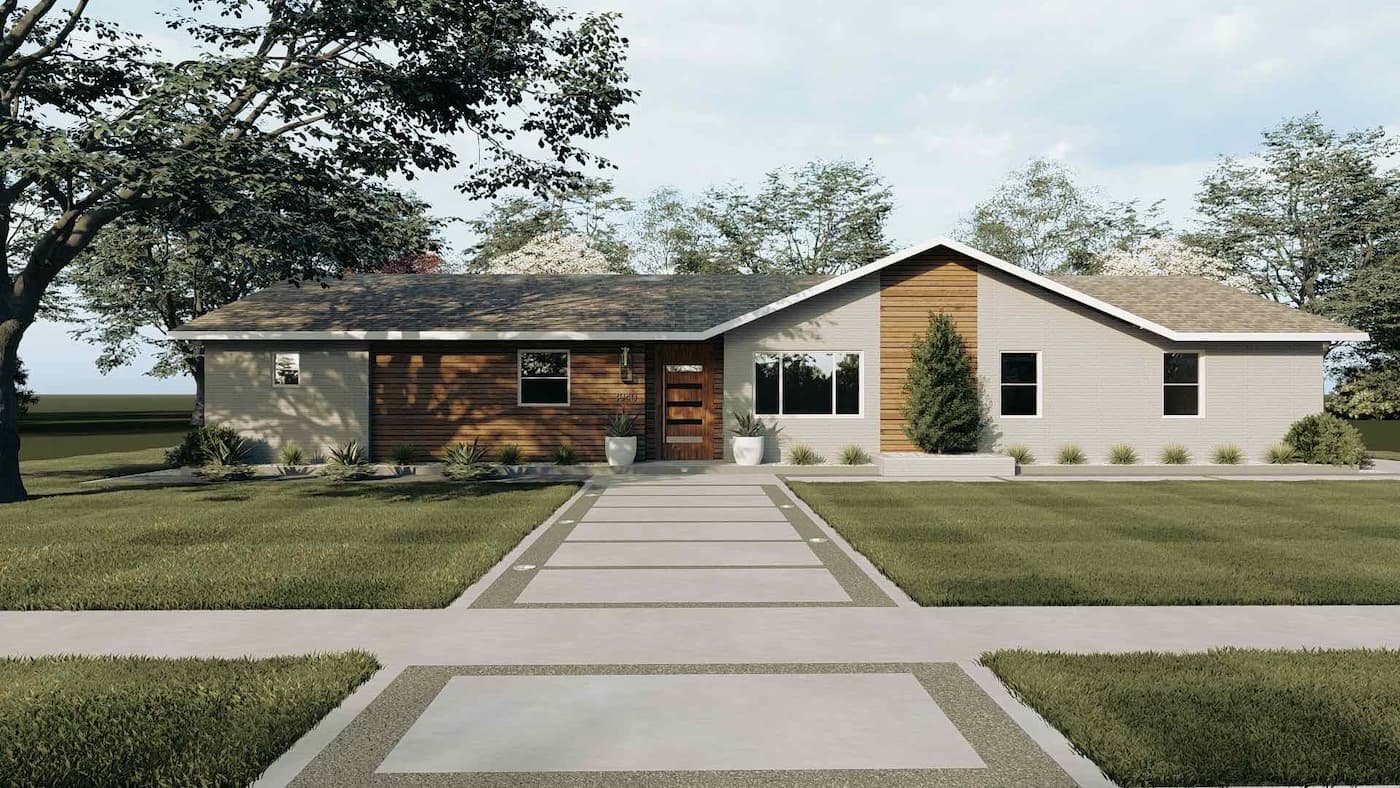 Mid-century modern ranch home with geometric linear walkway design and symmetrical planting beds in North Dallas