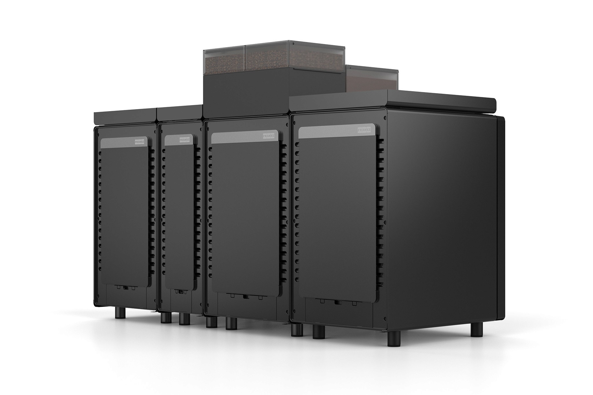 Ansicht von links-hinten von neuer A-Linie Kaffee-Vollautomat in schwarz bestehend aus Kaffeemaschine, Kühlschrank-Modul, Flavour-Station und Tassenwärmer (Franke, 2025)
