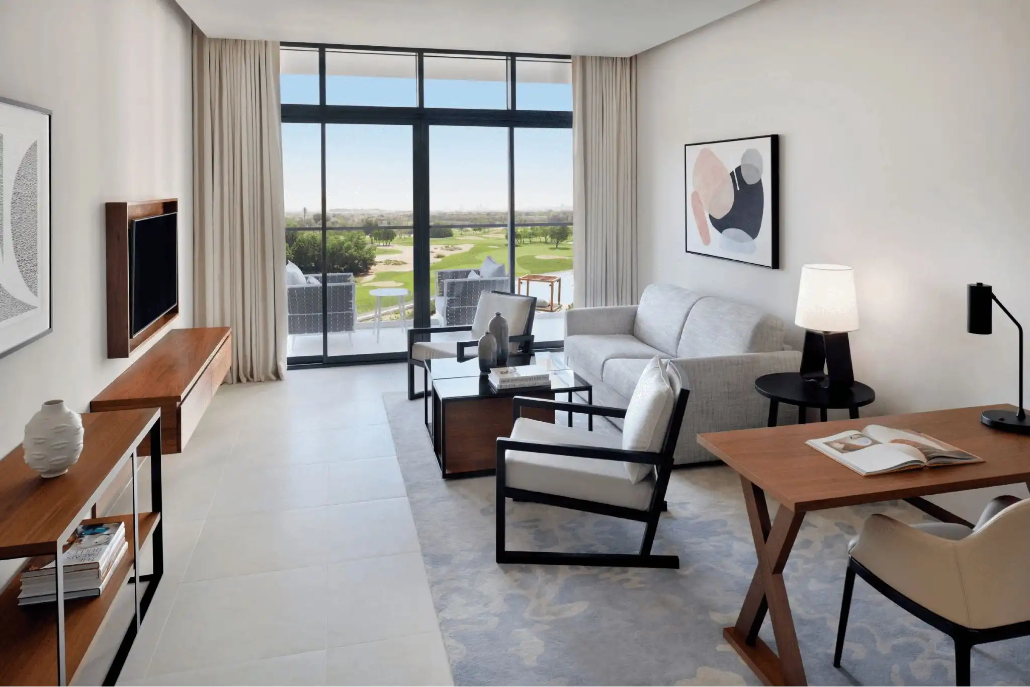 A living space at Vida Emirates Hills, a pet-friendly Dubai hotel with access to outdoor green areas