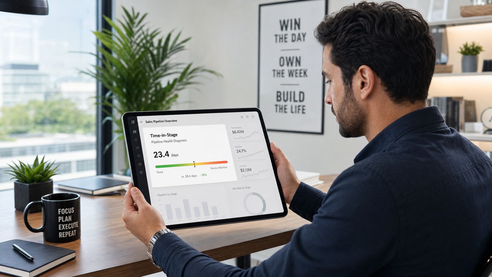 A professional man reviewing a sales pipeline dashboard on a tablet computer in a modern home office.