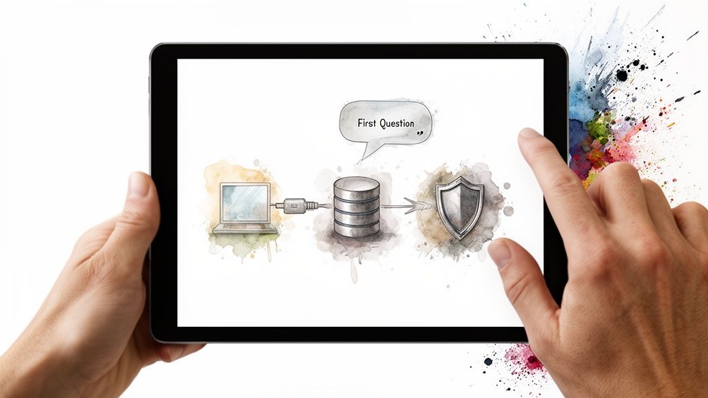 Hands holding a tablet displaying a data flow diagram: laptop, database with 'First Question', and security shield.