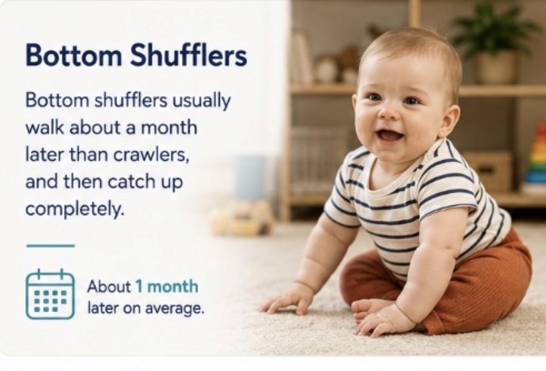 A baby sitting upright on the floor moving along on their bottom