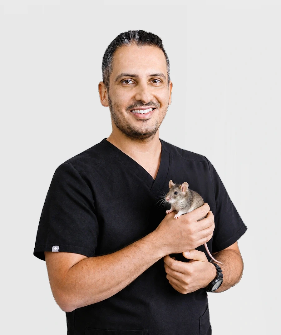 Dr J holding a mouse after a routine wellness check in the clinic.