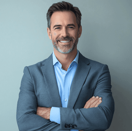 A man in a suit smiles confidently with his arms crossed, exuding professionalism and approachability.