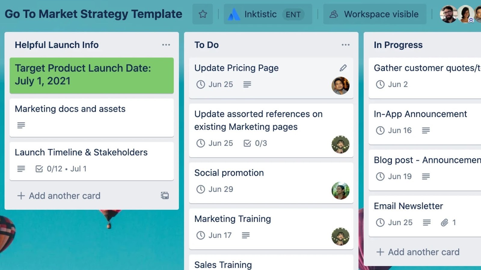 Trello's go-to-market strategy Kanban board