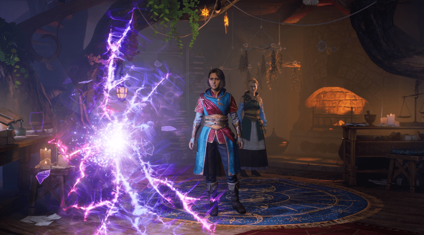 Screenshot Split Fiction Switch 2 – deux personnages face à une source d’énergie violette dans décor médiéval sur KeyVerse Gaming