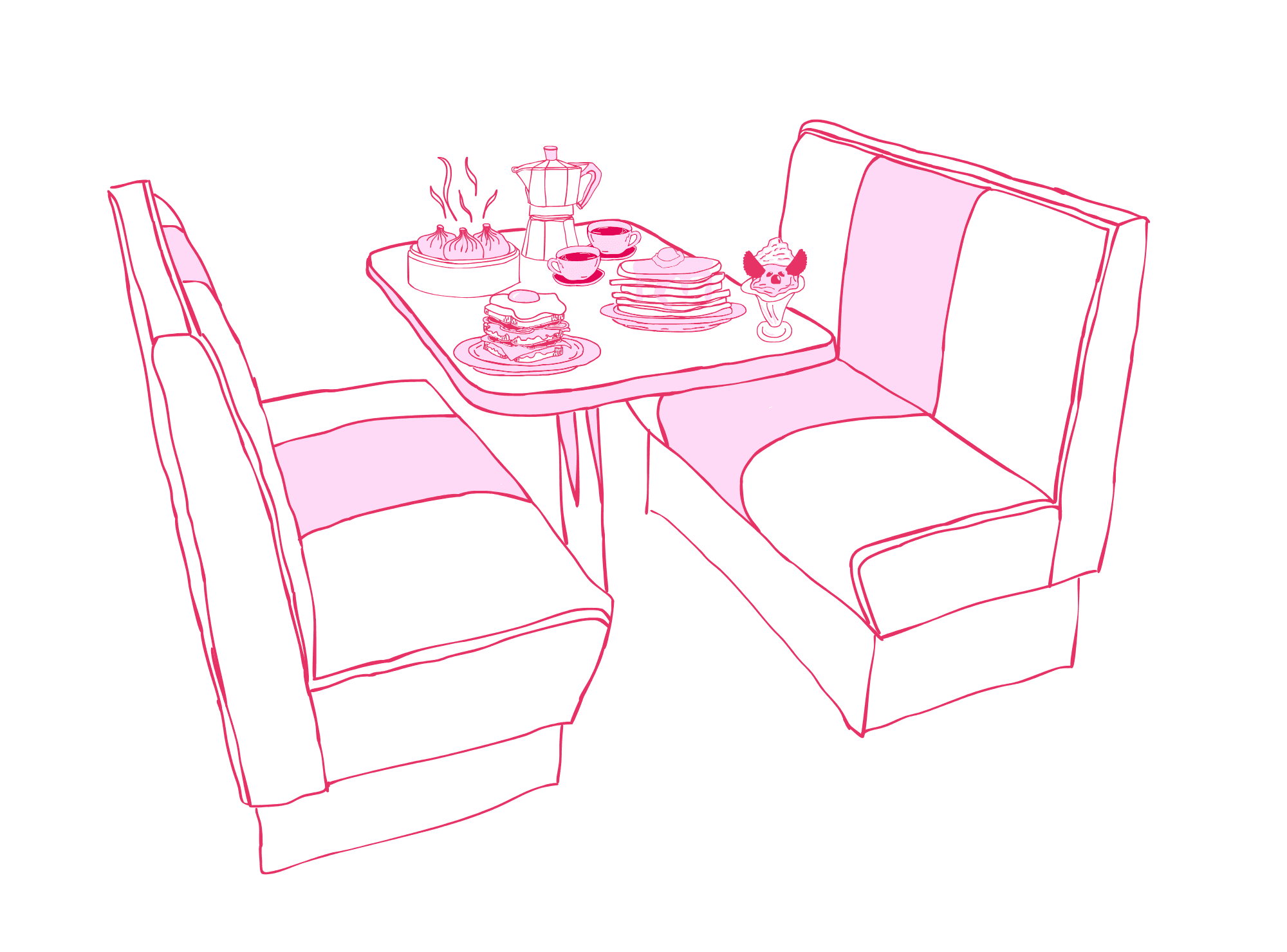 a still life illustration of diner food with a milkshake, pancakes, a club sandwich, and coffee