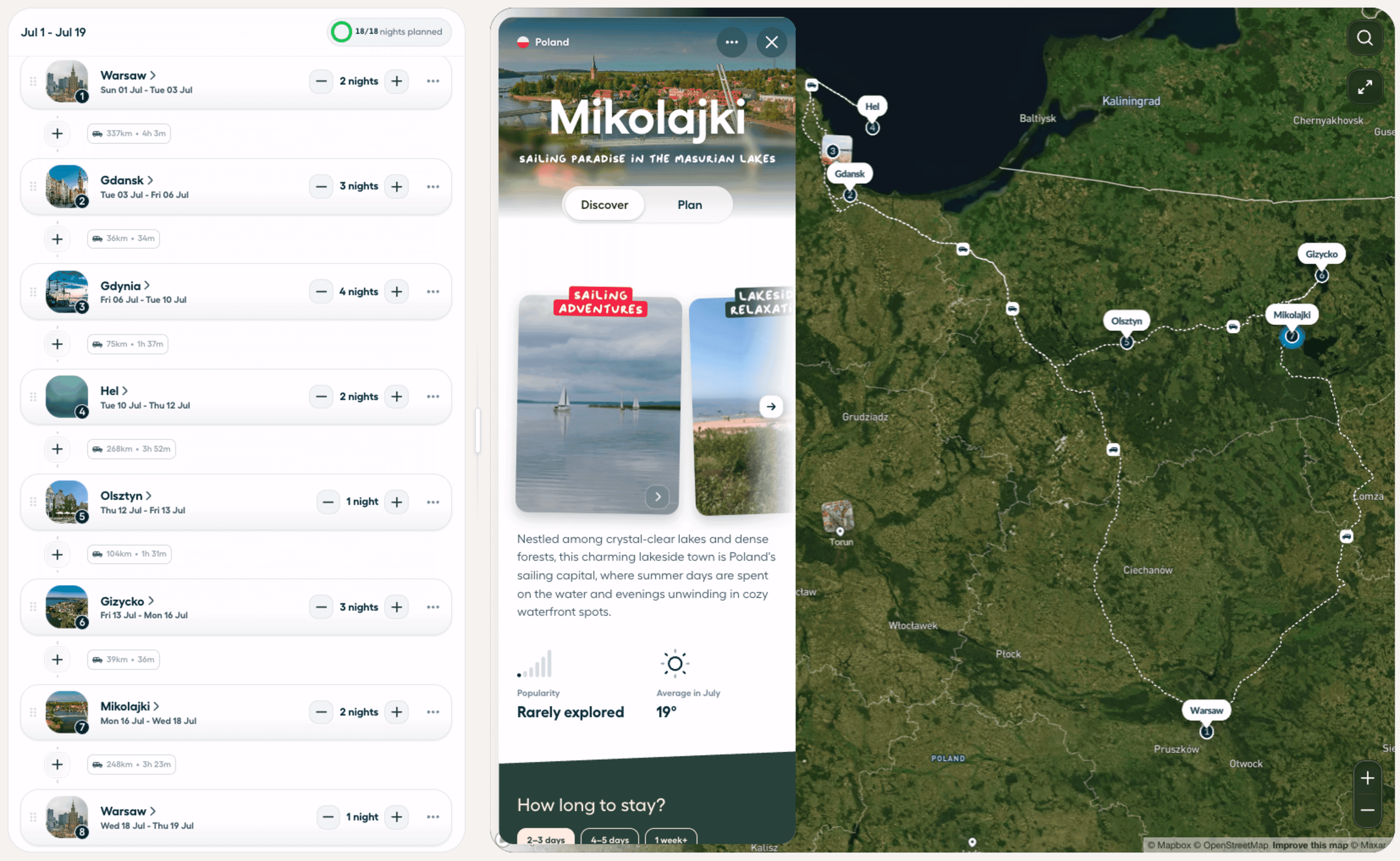 Polarsteps Trip Planner showing a route from Warsaw to the Baltic coast and Masurian Lakes, with destination recommendations and an interactive map.