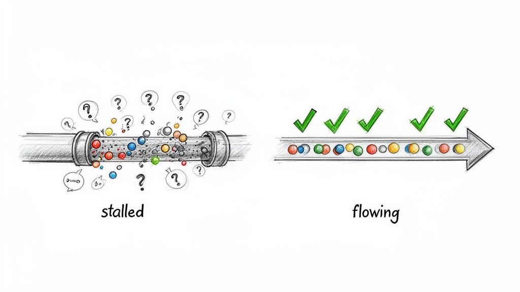Illustration contrasting a stalled, cluttered pipeline with question marks, versus a smooth, flowing pipeline with checkmarks.