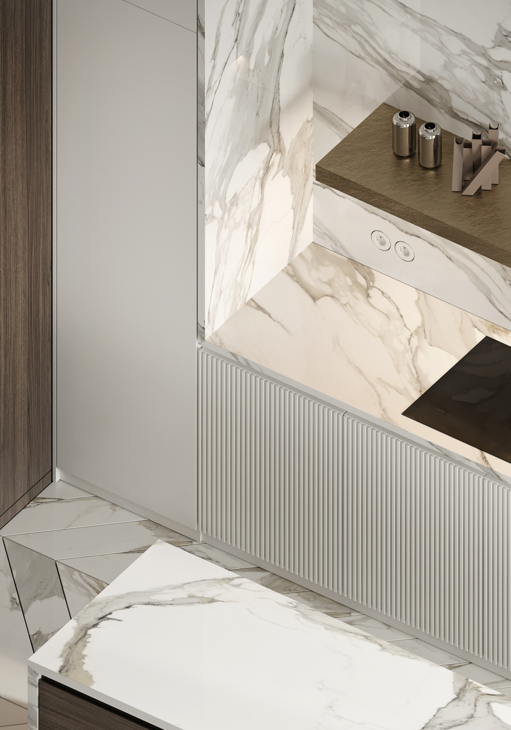 Wooden outdoor table set with multiple plates of food, including dips, salads, potatoes with cheese, and glasses of water, with hands reaching in to eat.