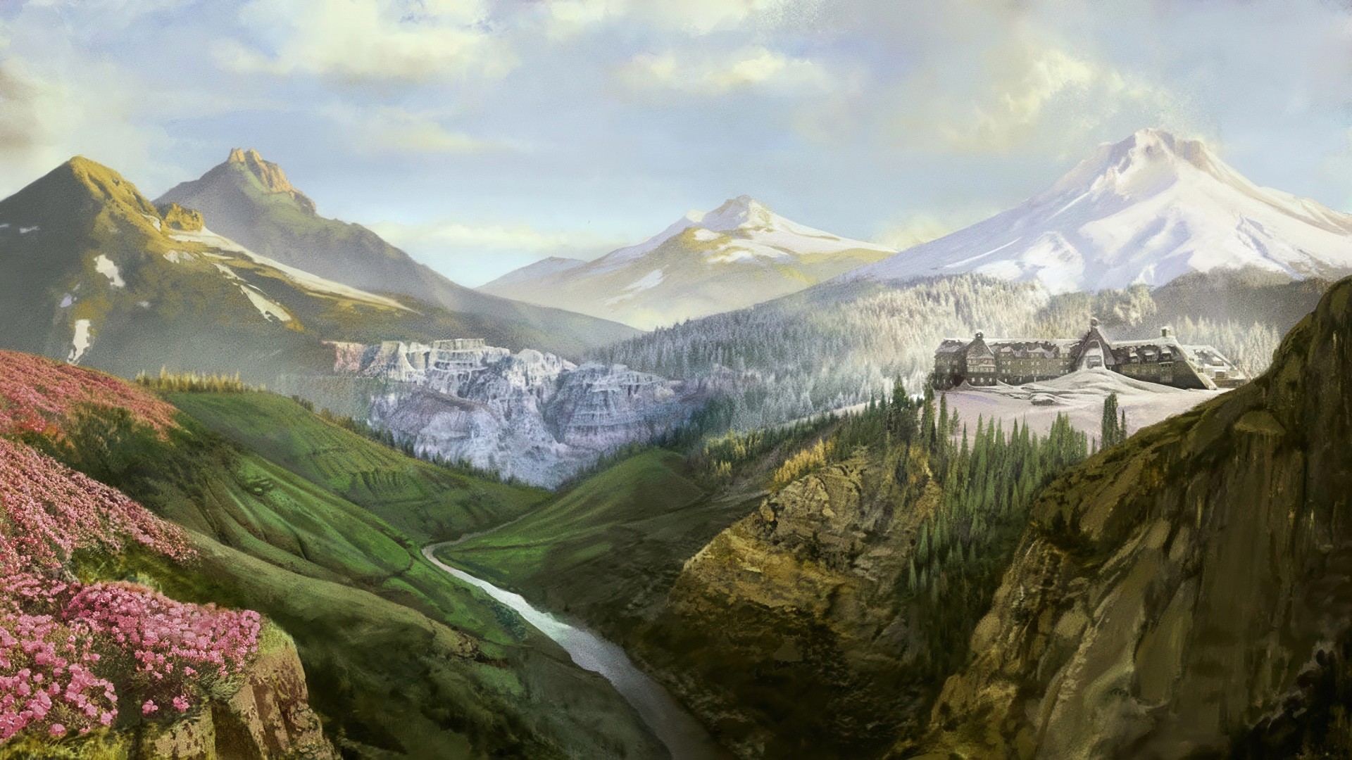 Matte Painting of Oregon's stylised landmarks, by Simone De Salvatore