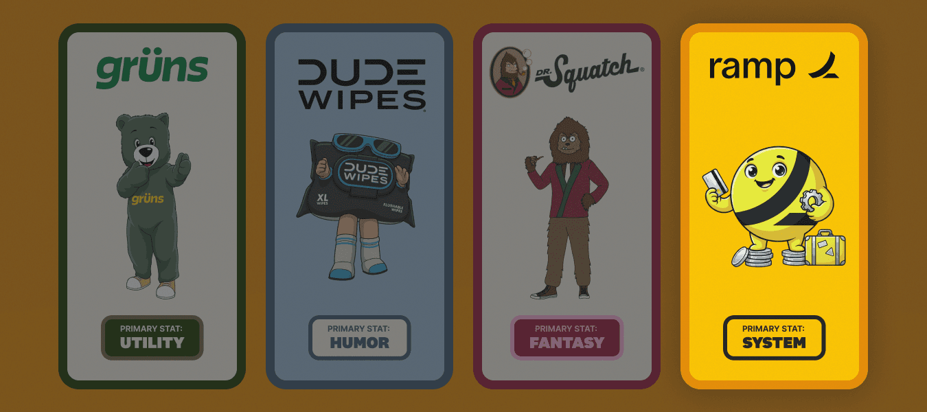 Brand cards showing Ramp highlighted as a system-first product, contrasted with consumer brands built on utility, humor, and fantasy.