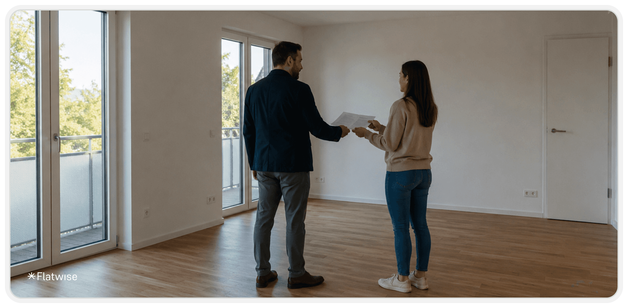Ein Vermieter und eine Mieterin stehen in einer hellen, modernen Altbauwohnung mit großen Fenstern und Holzboden. Beide Personen sind halb mit dem Rücken zur Kamera zu sehen, während die Mieterin dem Vermieter eine Bankgarantie bzw. ein Dokument überreicht. Die Szene wirkt ruhig, professionell und natürlich beleuchtet.