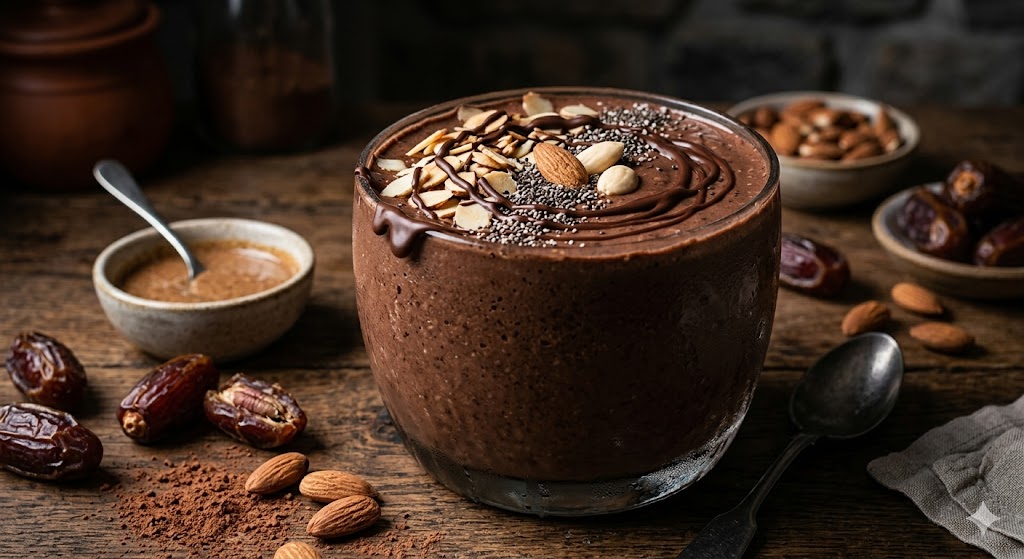 A rich and decadent chocolate smoothie in a large glass, with a thick texture. It is topped with sliced almonds, chia seeds, and a chocolate drizzle. The glass is surrounded by whole dates, a bowl of almond butter, and cocoa powder against a dark, moody background, creating a high-calorie dessert aesthetic.