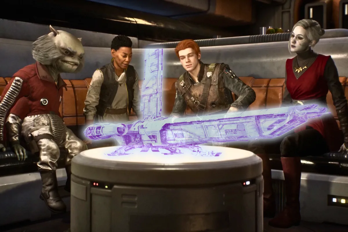 Cal Kestis and the Stinger Mantis crew—Greez Dritus, Cere Junda, and Merrin—gather around a holographic display of a starship inside their ship’s lounge. The glowing projection illuminates their faces as they strategize, highlighting their teamwork and camaraderie in the Star Wars Jedi series.