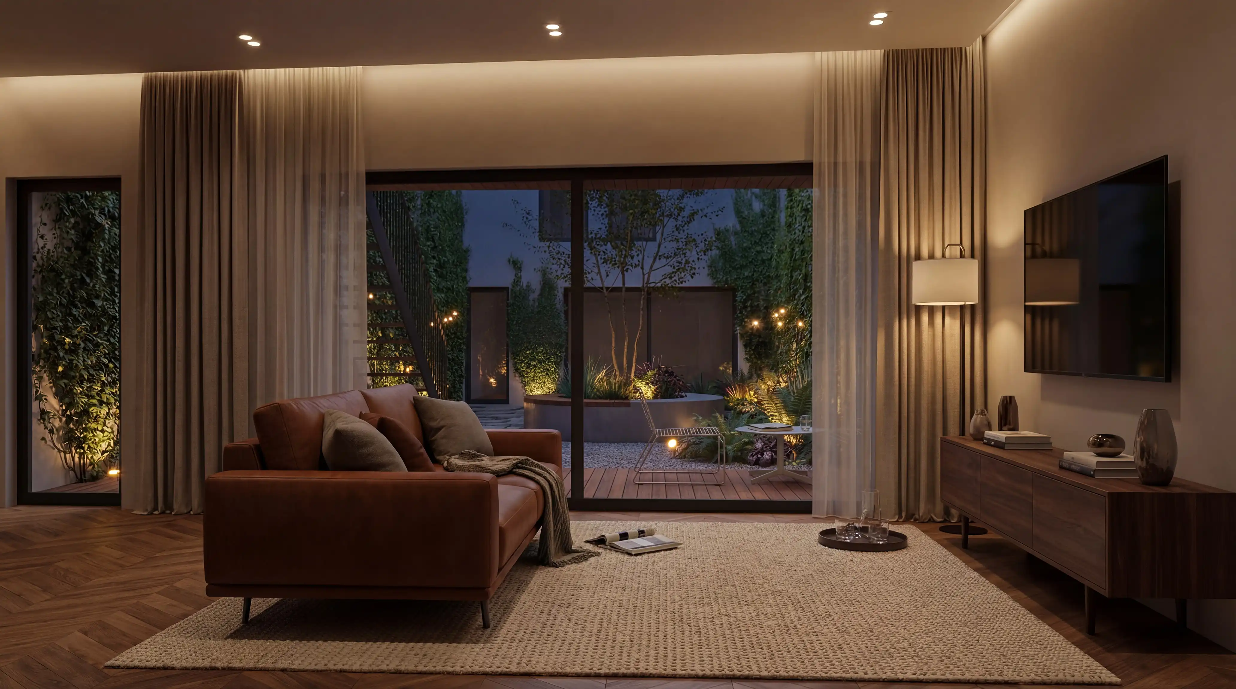 zicht vanuit het appartement op de verlichte gemeenschappelijke tuin bij het vallen van de avond