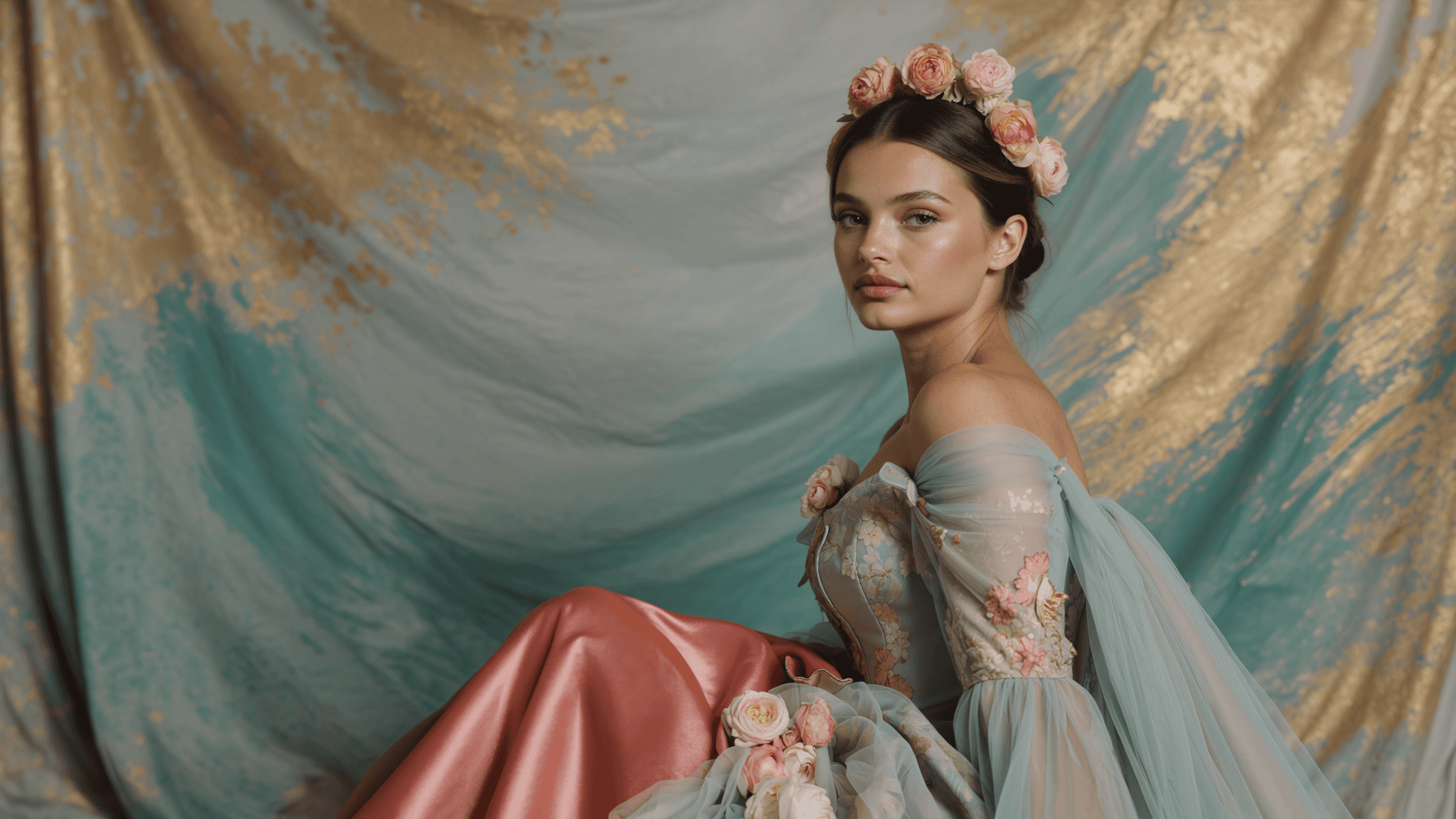 Elegantes KI-Model in einem kunstvollen, floralen Couture-Kleid vor einem rosé- und türkisfarbenen, goldverzierten Studiohintergrund. Die romantische Atmosphäre, zarten Pastelltöne und die sorgfältig arrangierten Stoffe unterstreichen den hochwertigen, ästhetischen Editorial-Look.